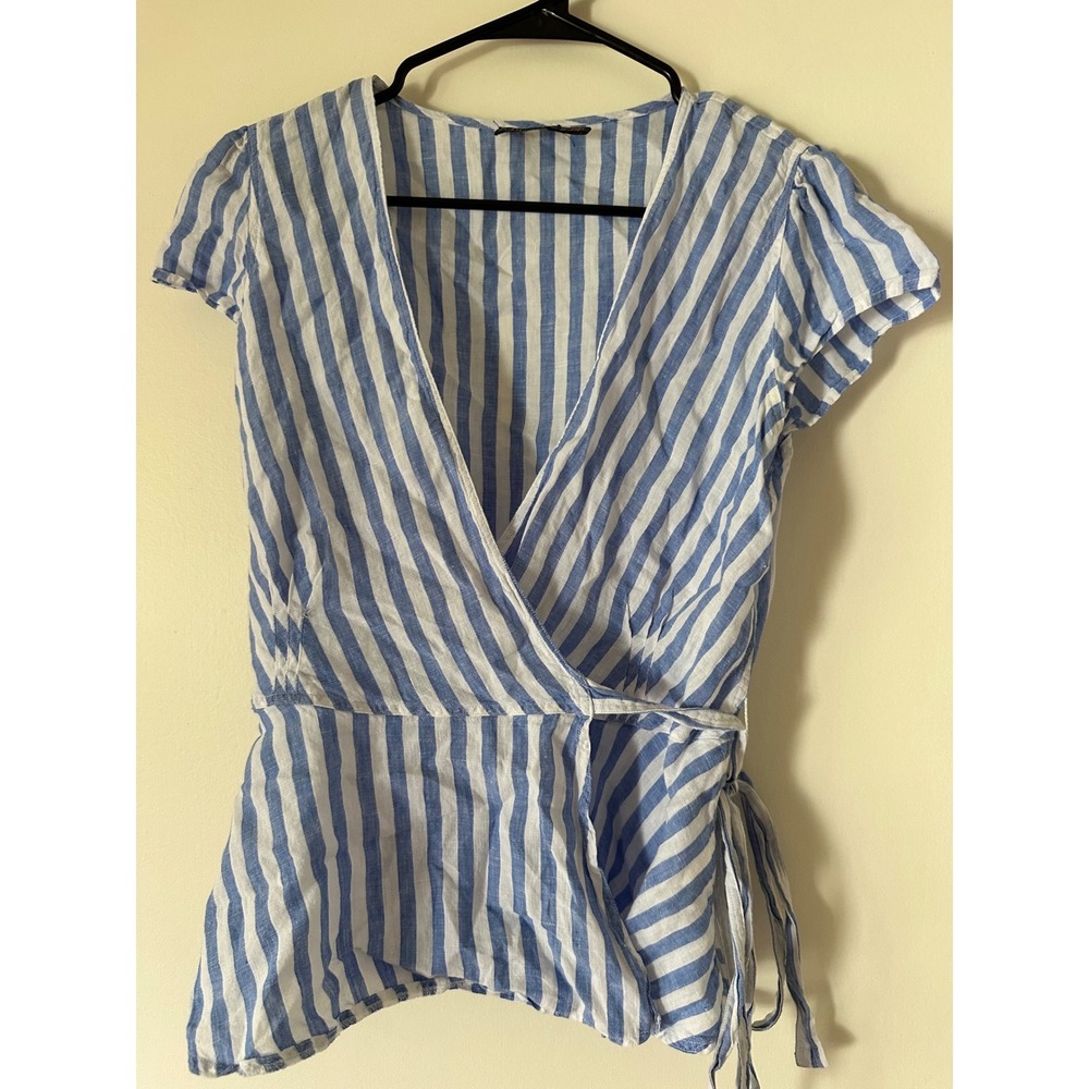Polo Ralph Lauren Linen Wrap Top Blue White Striped Short Sleeve V-Neck Blouse M